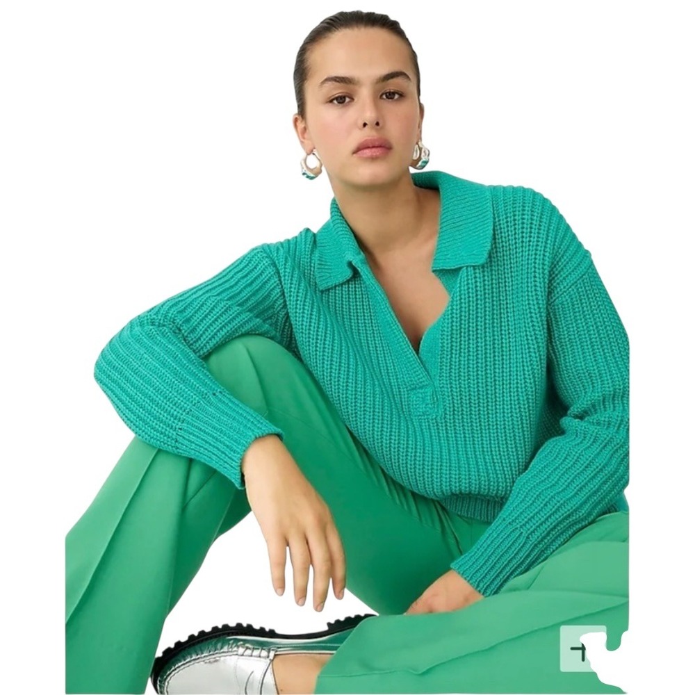 J.Crew Ribbed‎ Cotton Johnny-Collar Sweater Pullover Green Cotton Women L XL - Picture 3 of 10
